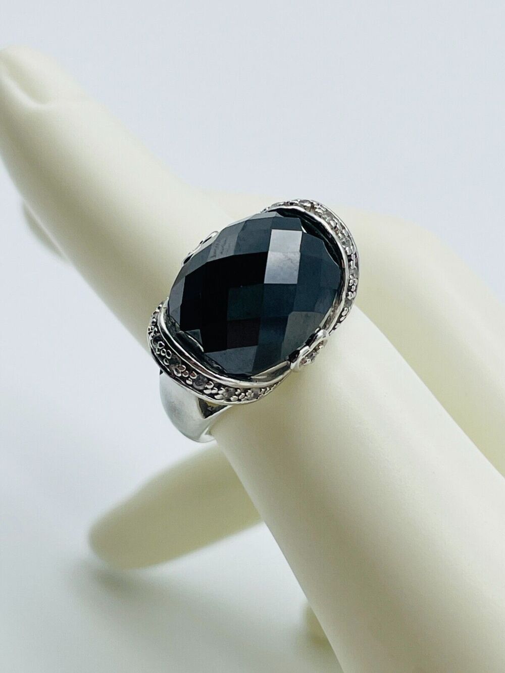 Felicia Designs Sterling Silver Ring Checkerboard Black Stone Heart FD 925 Sz 7